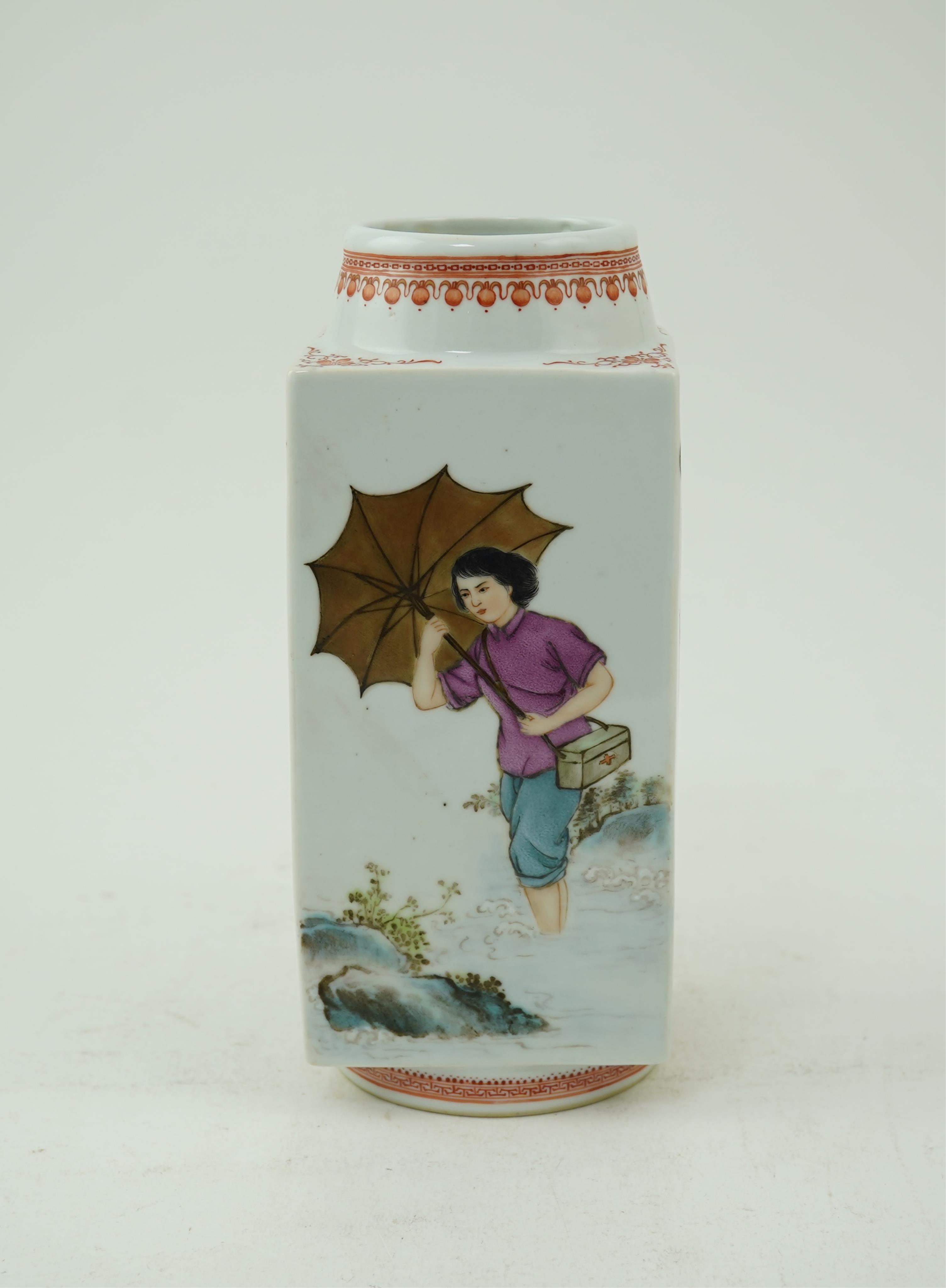 A Chinese enamelled porcelain cong-shaped vase, probably Cultural Revolution period